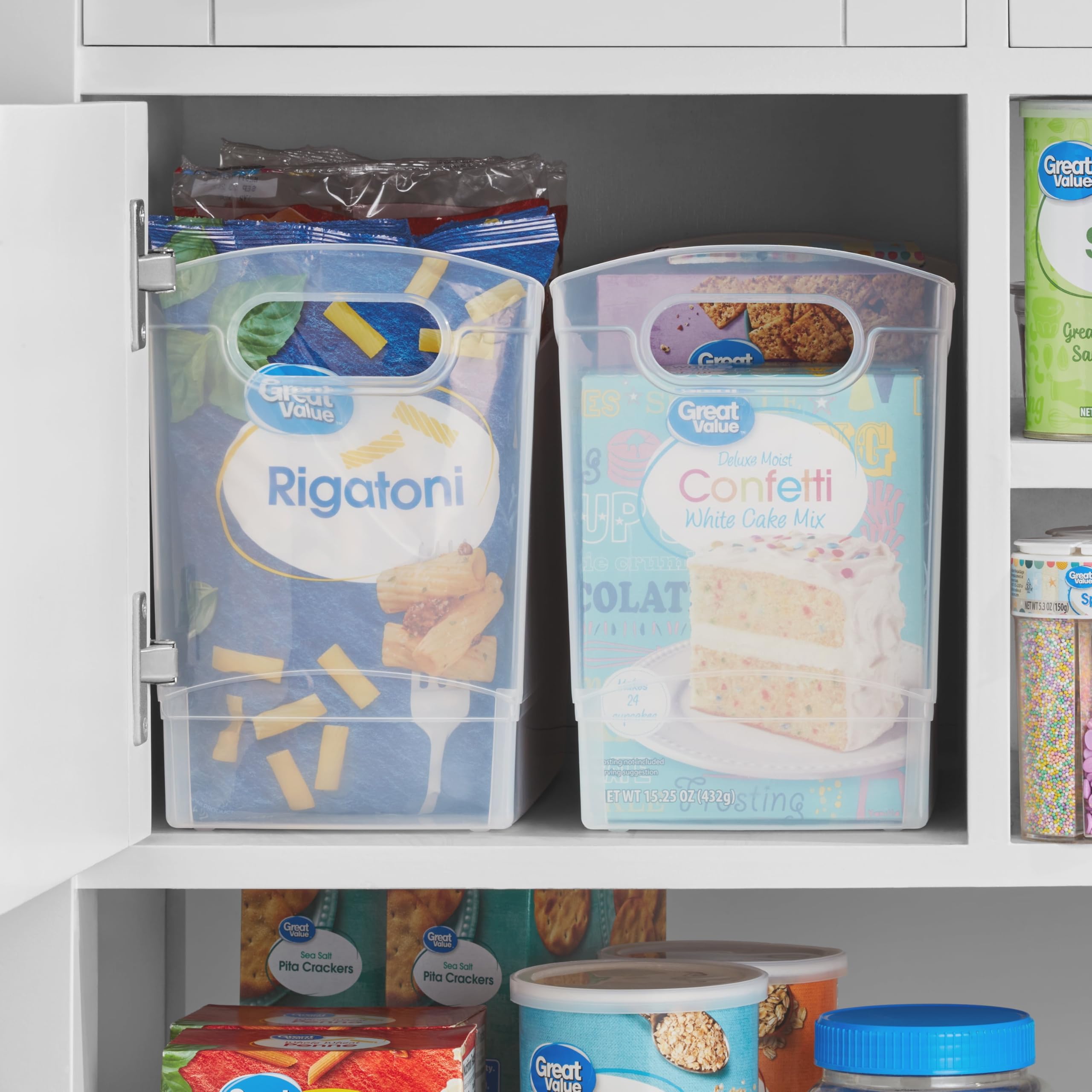 Tribello storage bin with carry-through handles for easy transport.