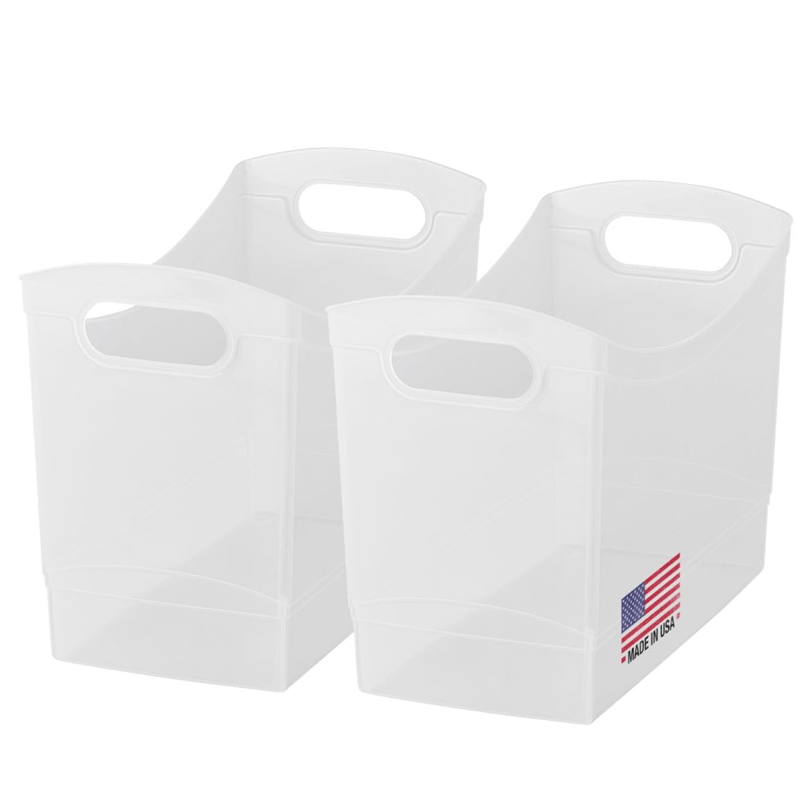 Tribello narrow storage bin front view shows clear design for easy item visibility.