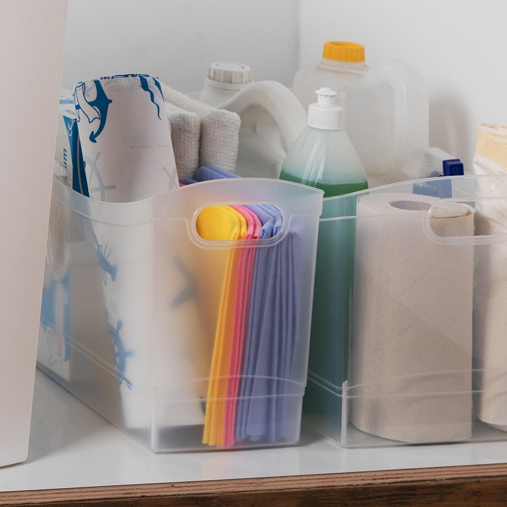 Tribello narrow storage bin open design enables quick access to stored items.