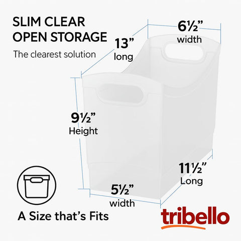 Tribello narrow storage bin side view highlights slim footprint for pantry organization.