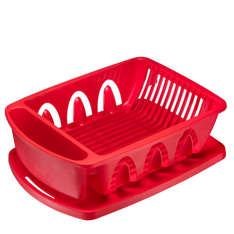 Tribello sink dish drying rack with red drainer keeps countertops dry and organized