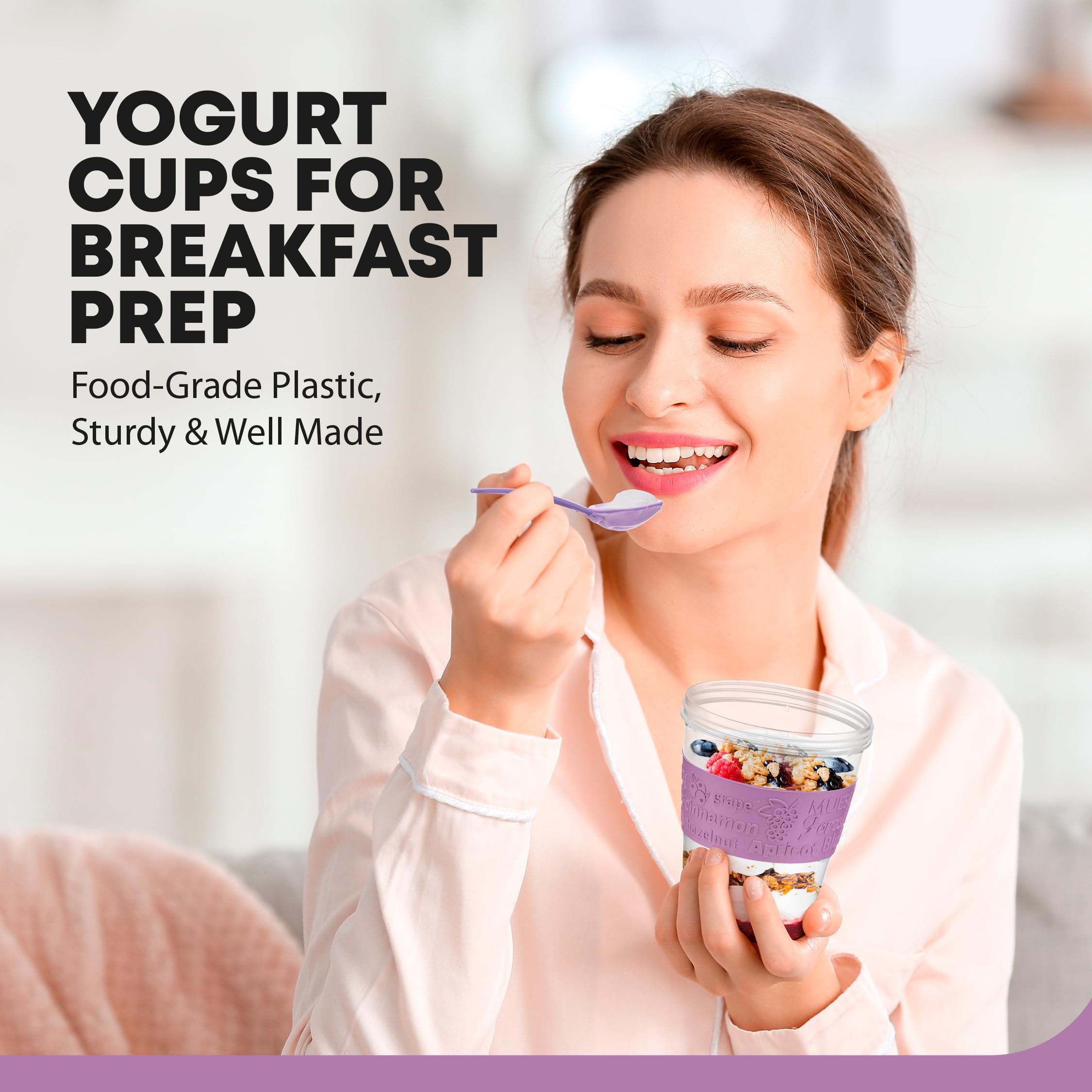 Tribello yogurt parfait cup top compartment keeps toppings separate for crunch.