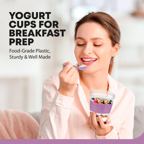 Tribello yogurt parfait cup top compartment keeps toppings separate for crunch.