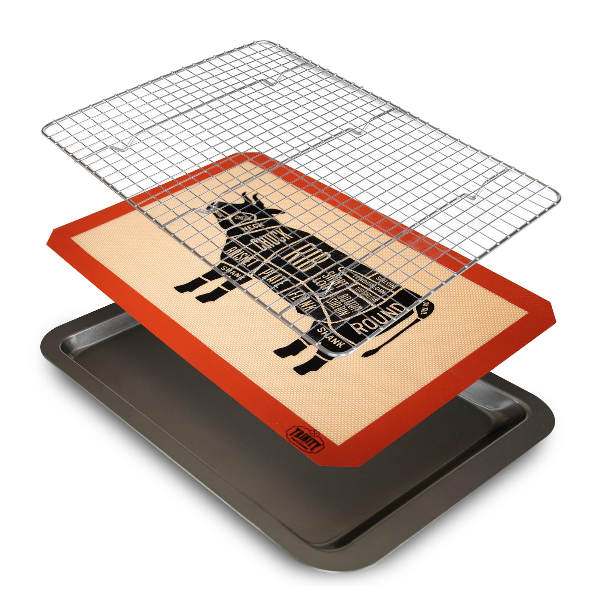 Trinity Provisions meat resting rack with wire rack and silicone mat for juicier steaks