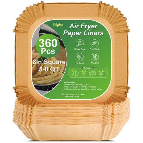 Tripho 360pcs 8-inch square air fryer liners for mess-free meals.