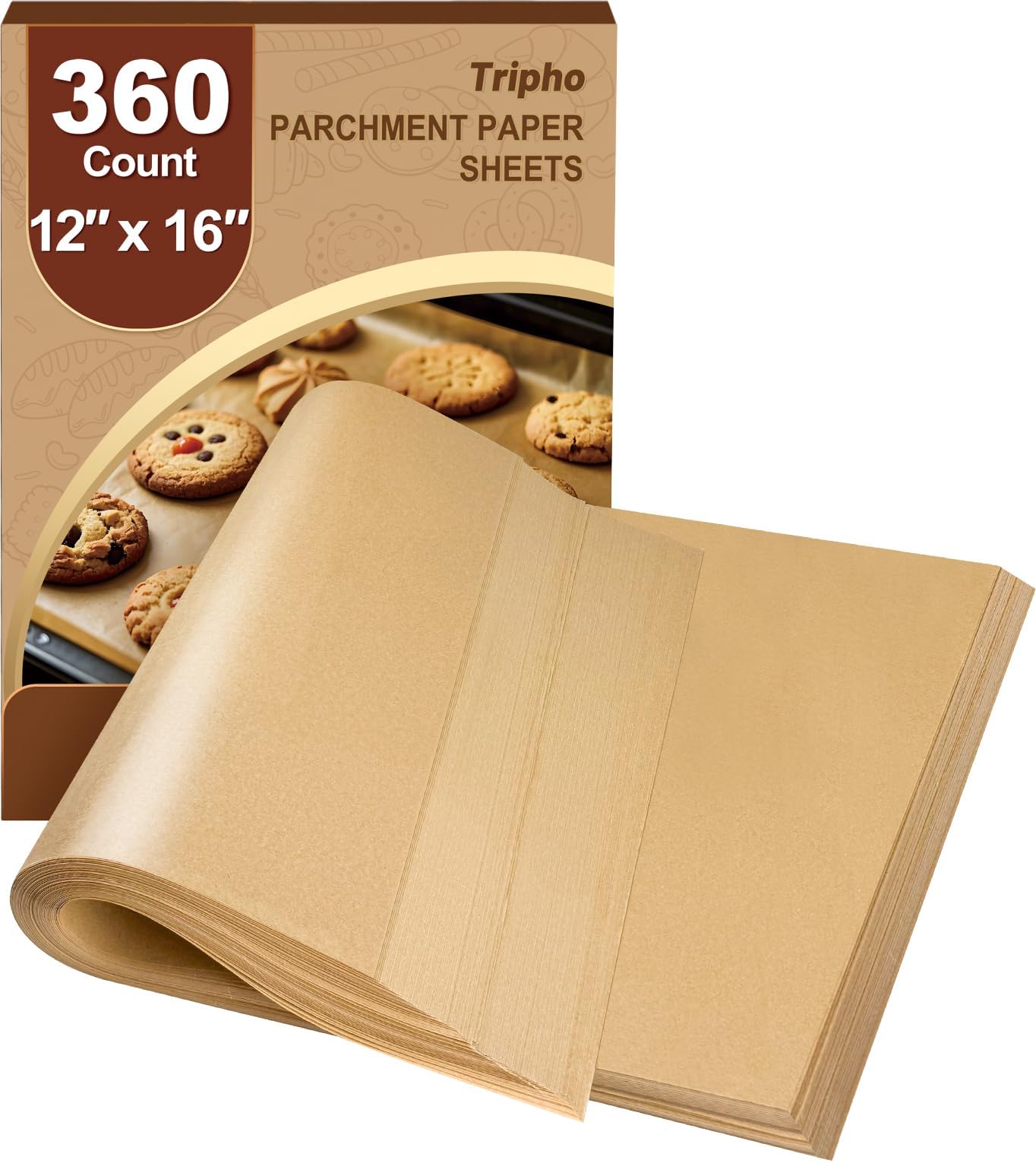 Tripho heavy-duty parchment 12x16 baking sheets resist tearing at high heat for baking.