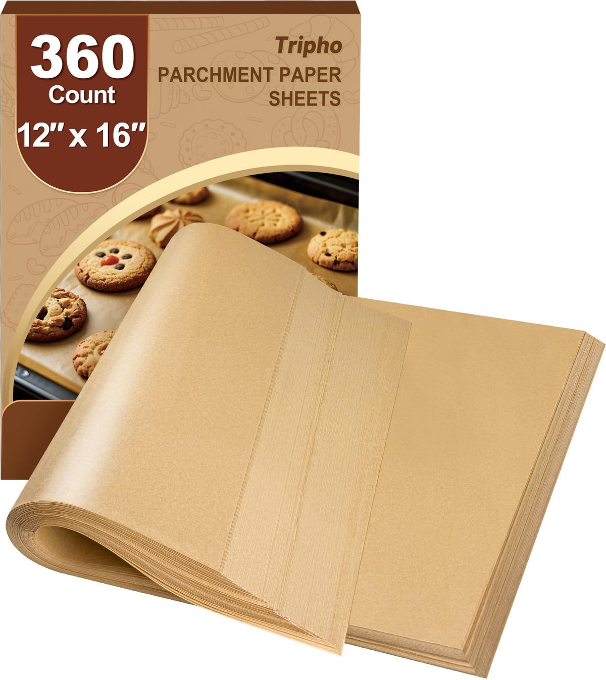Tripho heavy-duty parchment 12x16 baking sheets resist tearing at high heat for baking.