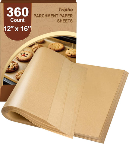 Tripho heavy-duty parchment 12x16 baking sheets resist tearing at high heat for baking.