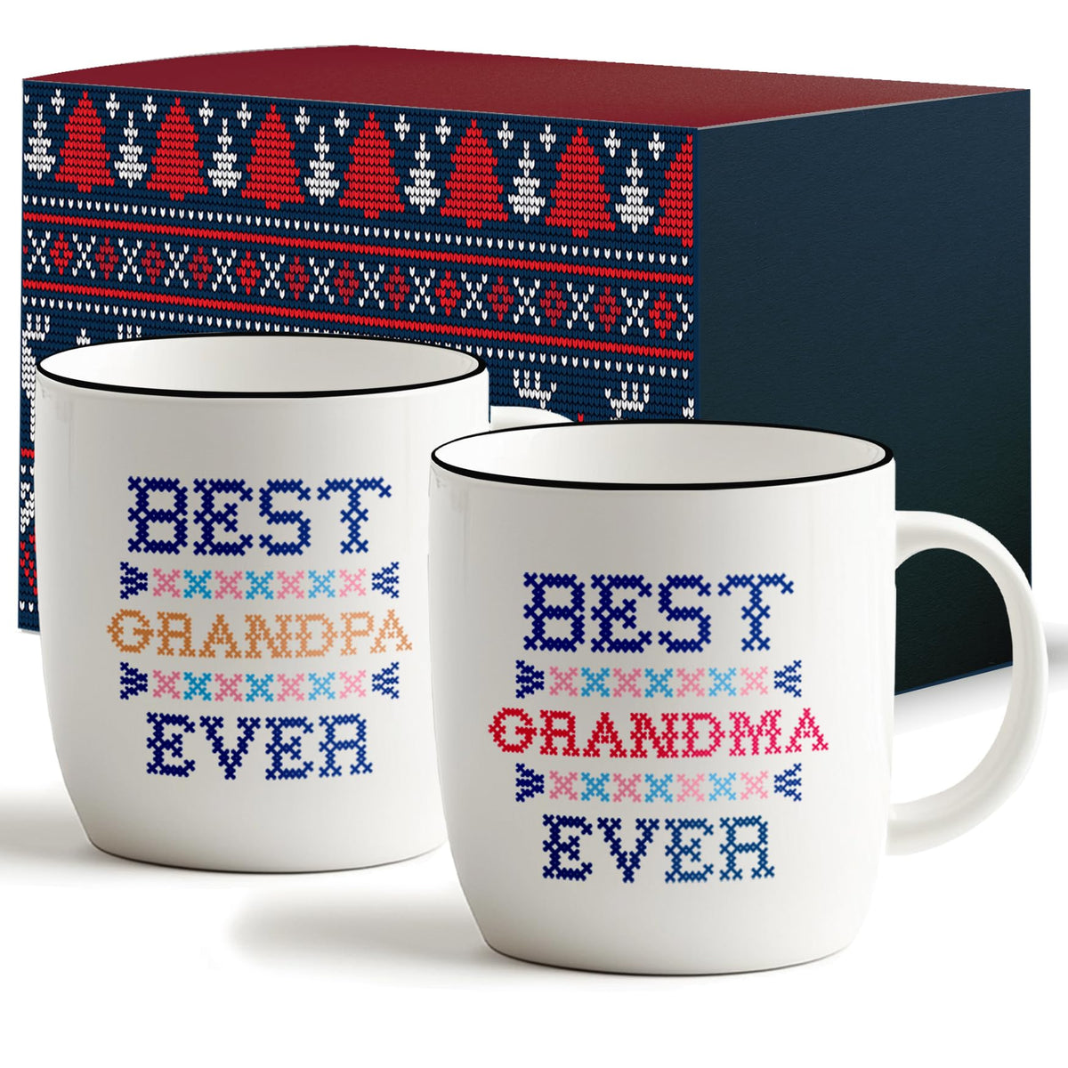 Triple Gifffted grandparents mugs in front gift box, ready for gifting.