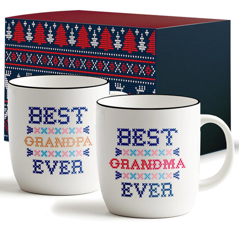Triple Gifffted grandparents mugs in front gift box, ready for gifting.