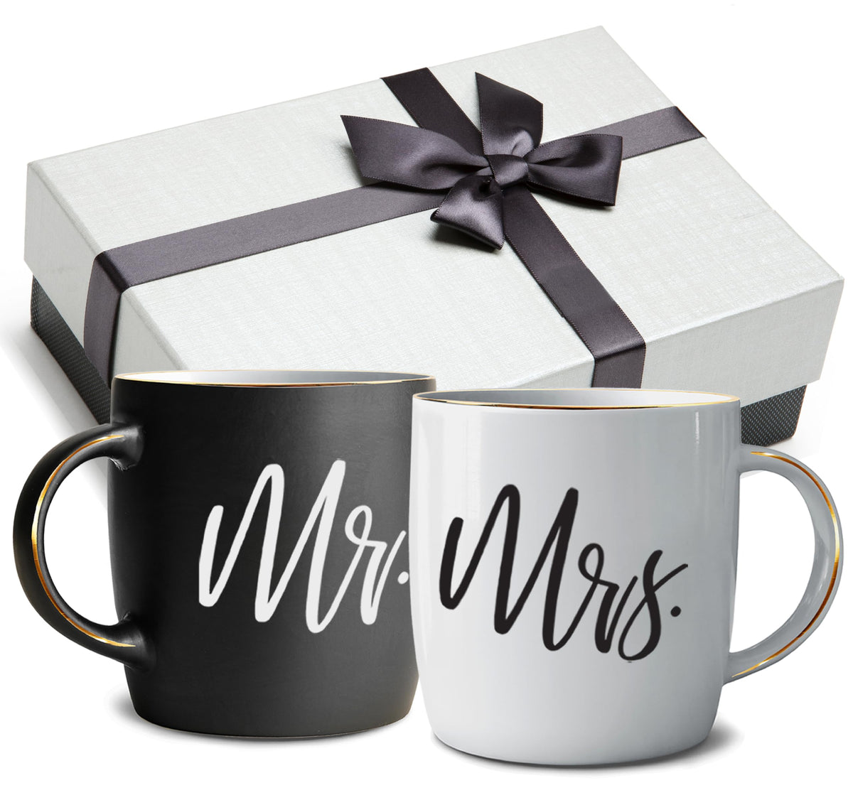 Triple Gifffted Mr and Mrs mugs in gift box, ready-to-gift for couples.