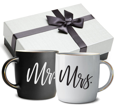 Triple Gifffted Mr and Mrs mugs in gift box, ready-to-gift for couples.