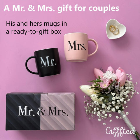 Triple Gifffted Mr & Mrs mugs glossy finish and romantic typography elevate kitchen decor.