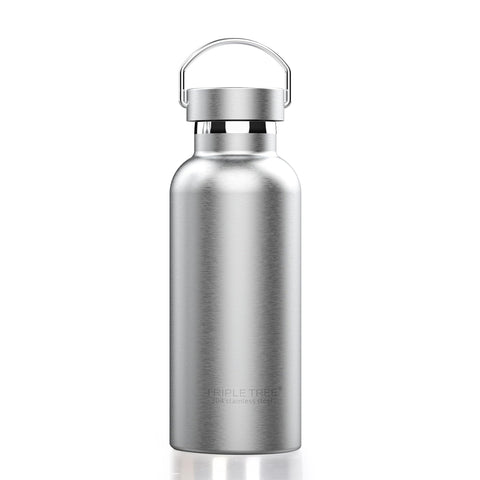 Triple Tree 17oz vacuum insulated bottle shown in front view highlighting stainless steel body and clean lines.