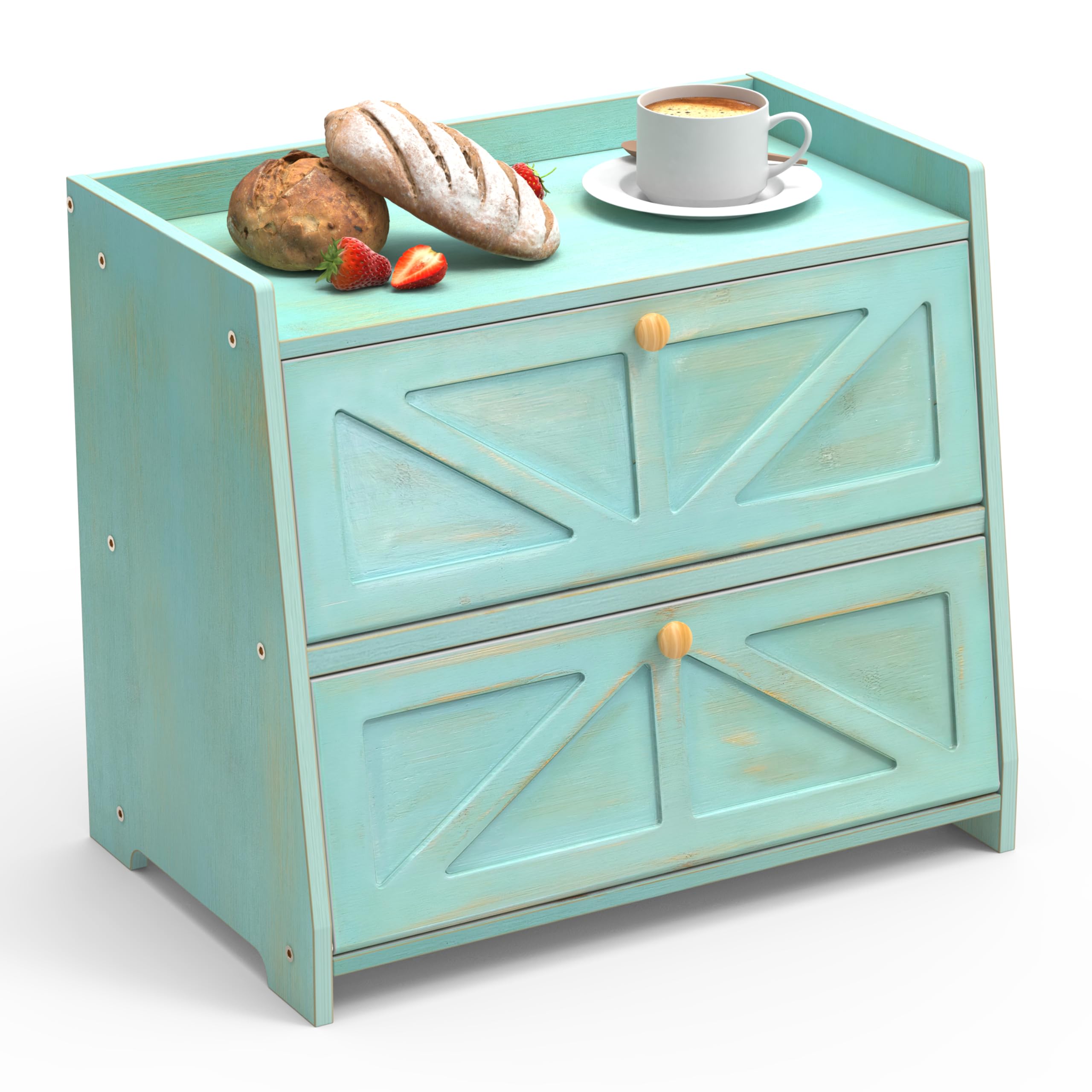 Trironsun antique-blue bamboo bread box with two layers keeps bread organized