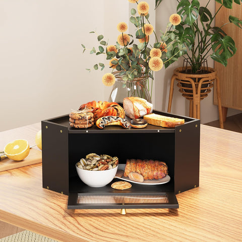 Trironsun bamboo corner bread box dimensions-label indicates generous capacity.
