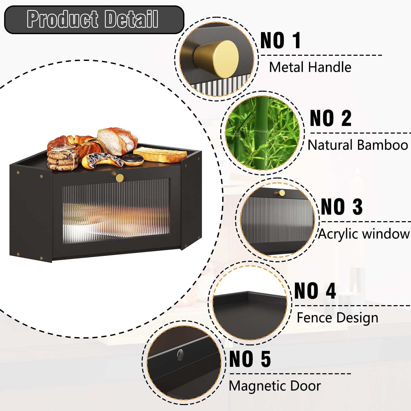Trironsun bamboo corner bread box door-closed reveals secure, dust-free storage.