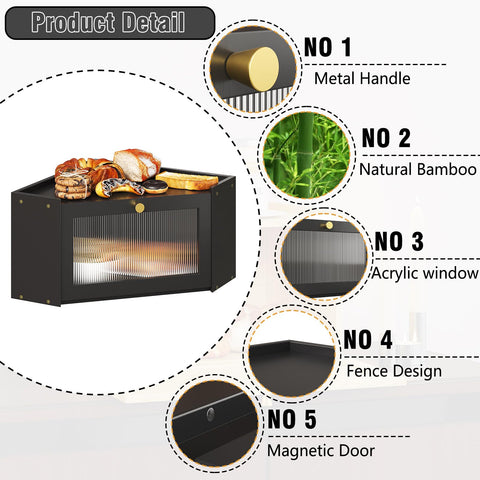 Trironsun bamboo corner bread box door-closed reveals secure, dust-free storage.