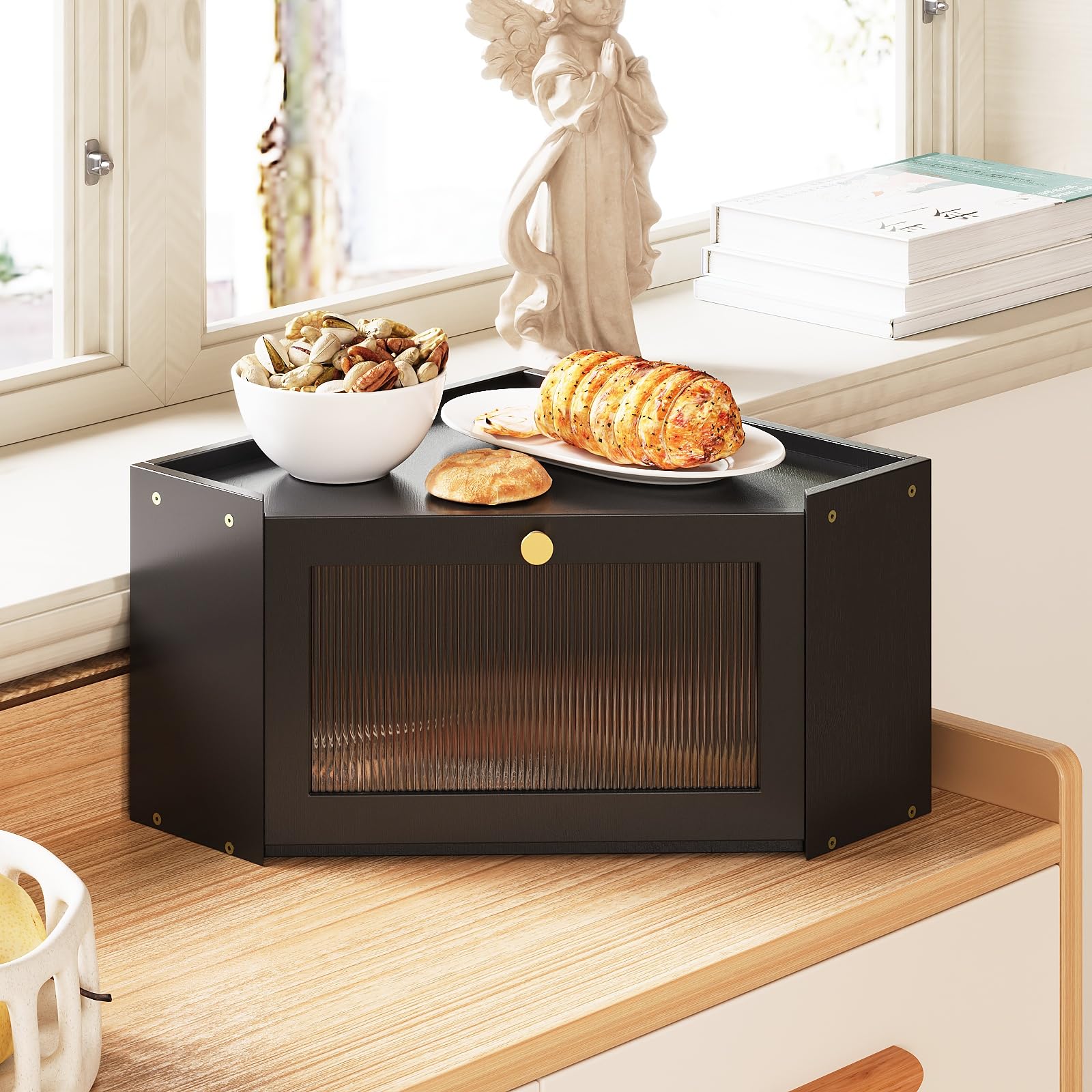 Trironsun bamboo corner bread box side view demonstrates efficient space use.