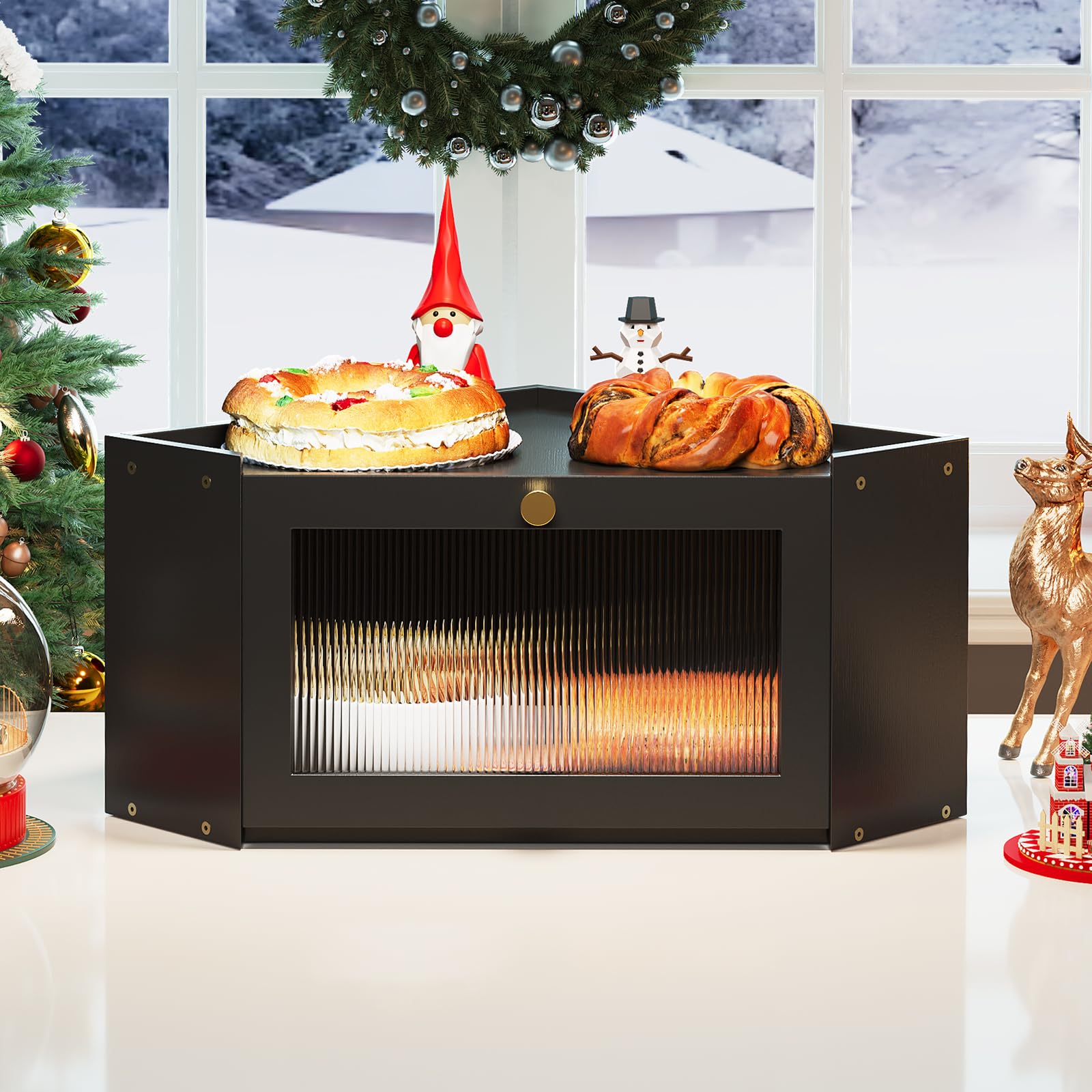 Trironsun bamboo corner bread box top view highlights compact counter footprint.
