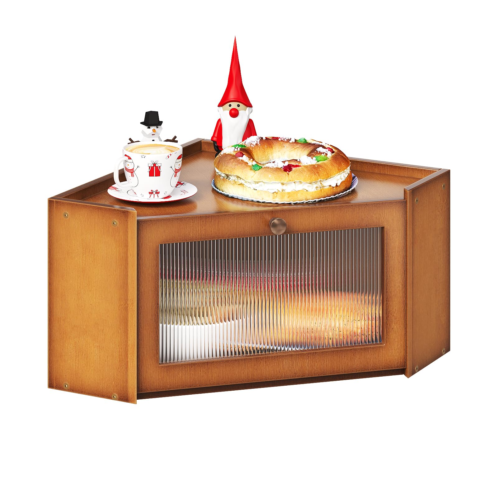 Trironsun bread box corner front shows spacious bamboo storage for fresh loaves