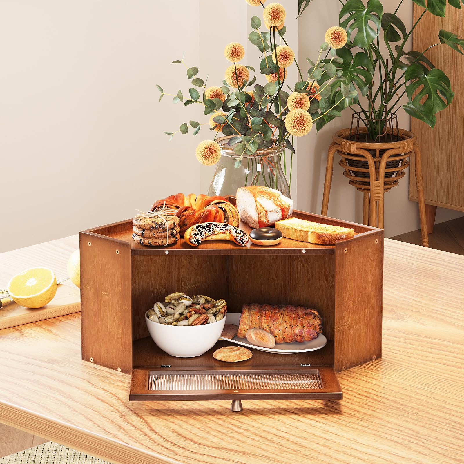 Trironsun bread box door open reveals easy access and clear contents