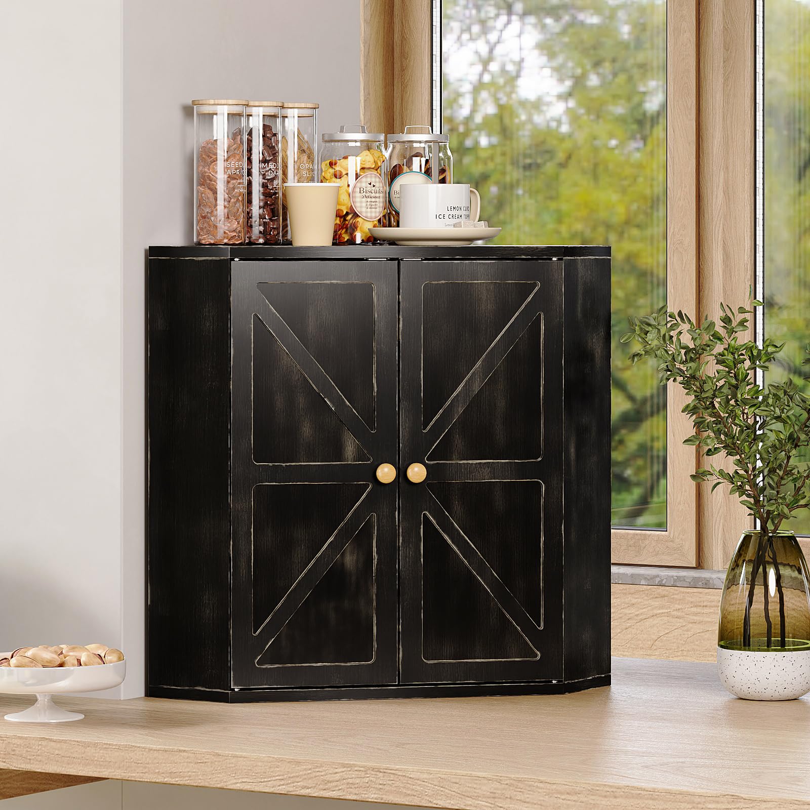 Trironsun corner bread box front door with magnetic lock for safe bread storage.