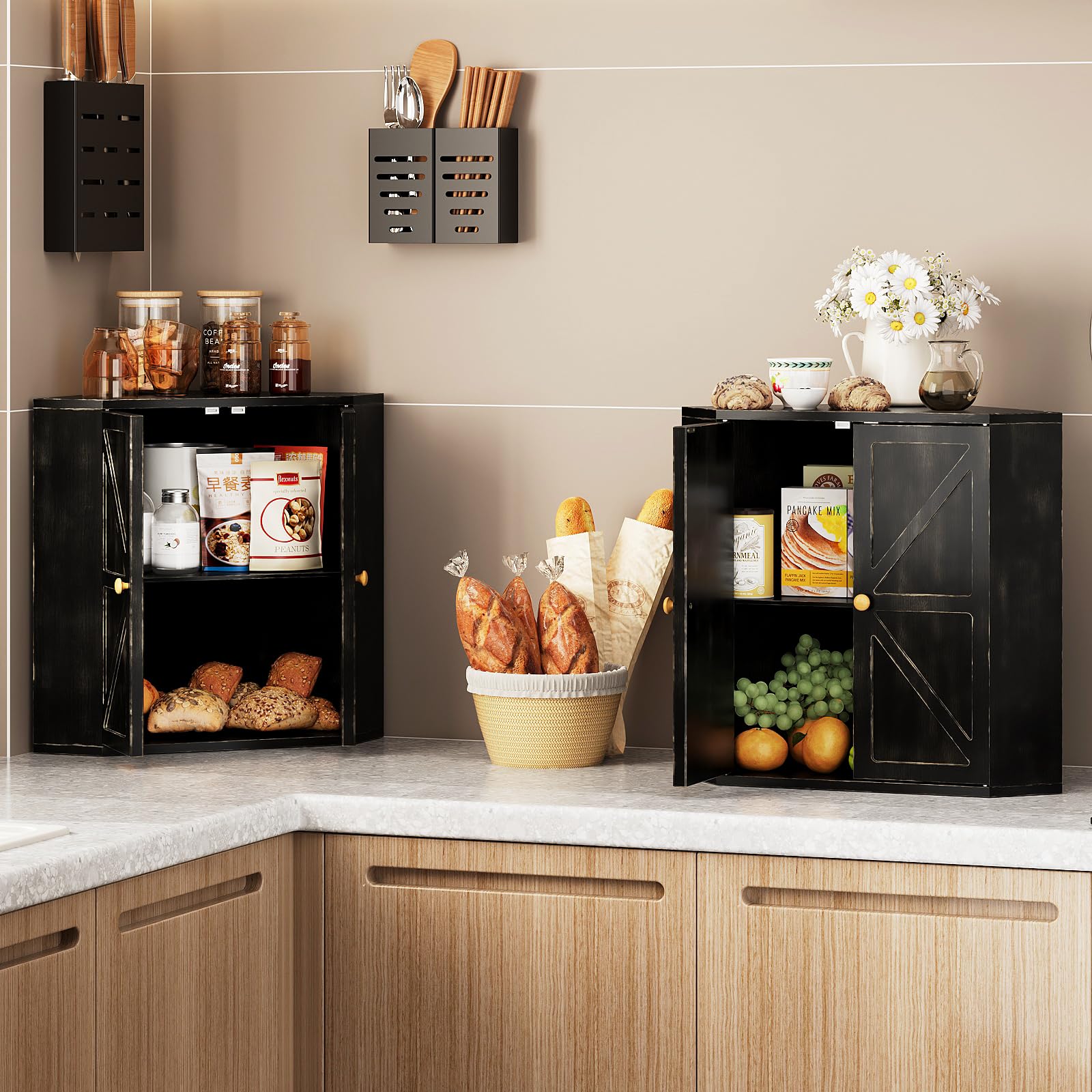 Trironsun corner bread box two-layer interior ideal for organized pantry.