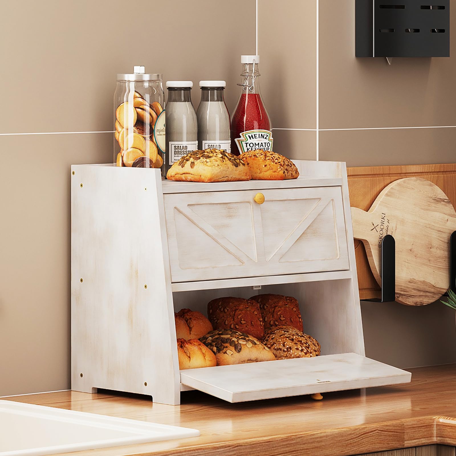 Trironsun vintage bread box front door demonstrates magnetic closure for smooth operation