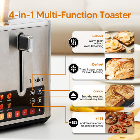 Trisiko toaster with reheat, defrost, cancel, and +15s boost features.