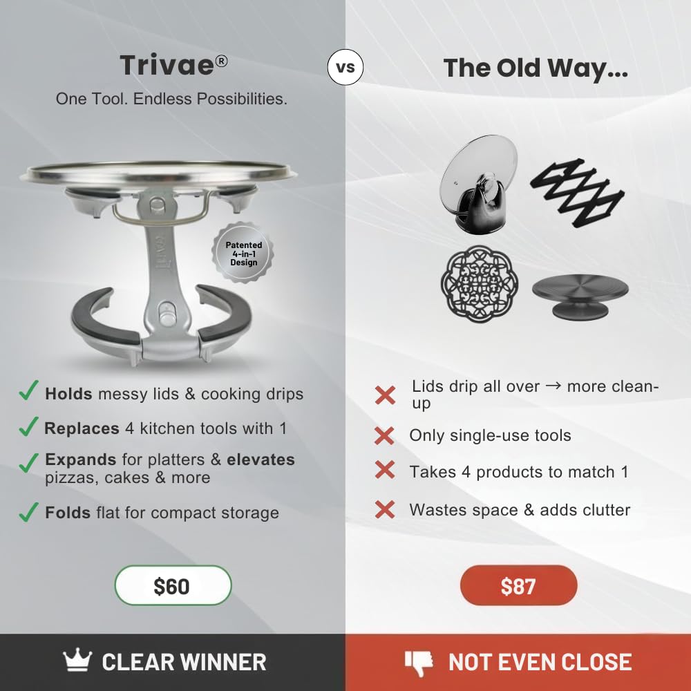 Trivae pot lid holder collapsible design saves counter space and stores flat.