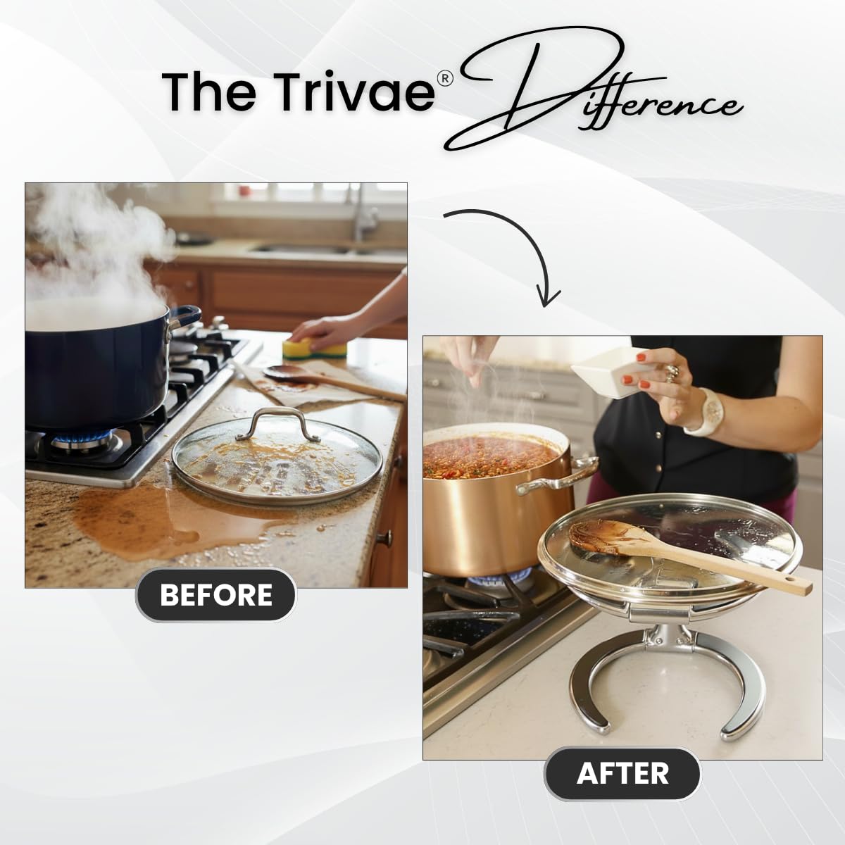 Trivae pot lid holder during cooking keeps lids secure and within reach.