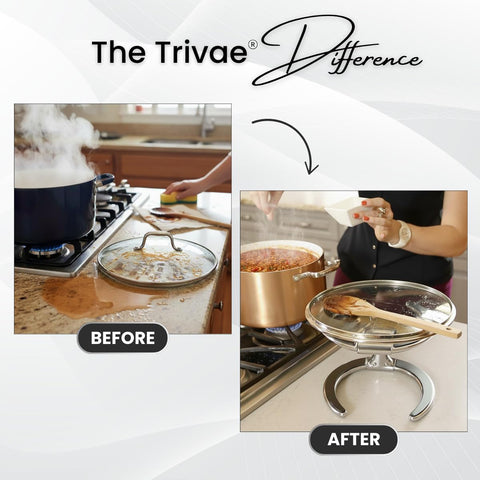 Trivae pot lid holder during cooking keeps lids secure and within reach.