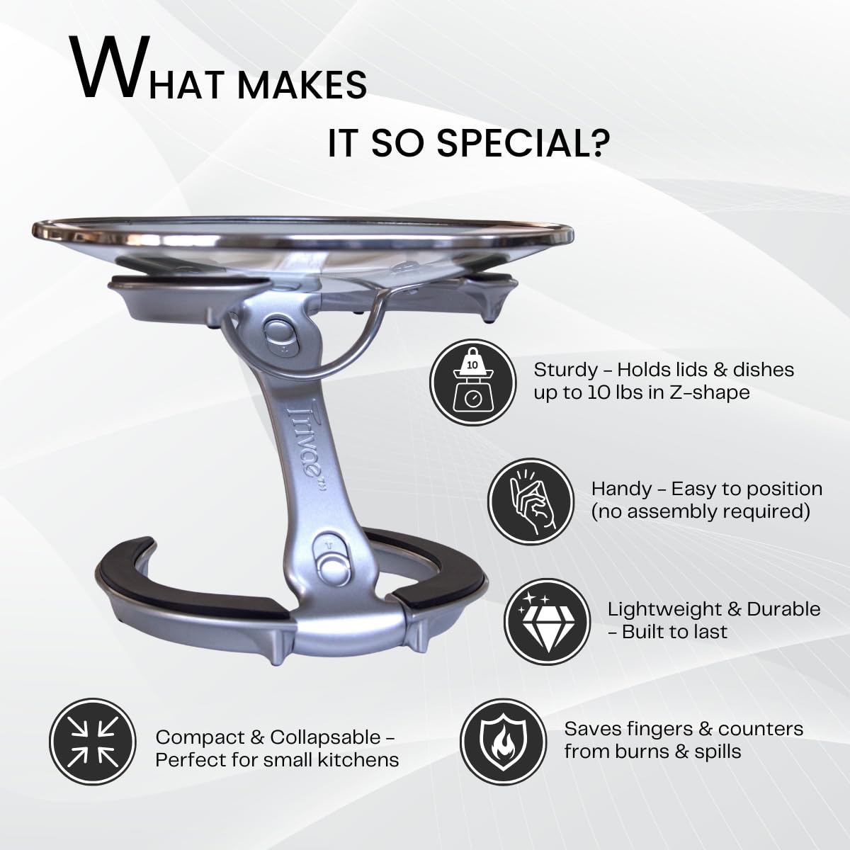 Trivae pot lid holder heat-resistant silicone guards surfaces up to 475°F.