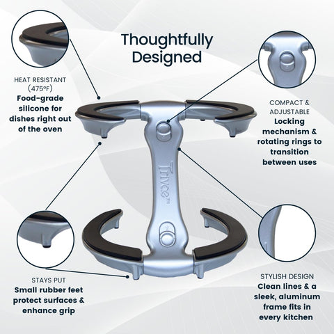Trivae pot lid holder serving trivet doubles as cake stand for desserts.