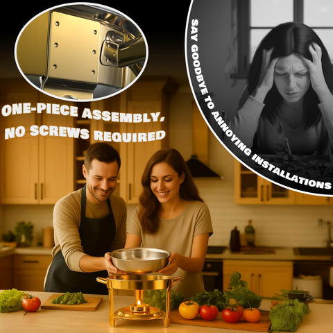 Trivico chafing dish gold and silver finishes elevate formal and casual settings.