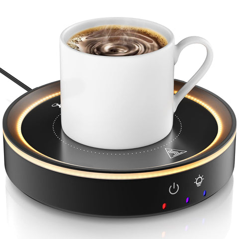 Trivoxia 36W mug warmer front view with wood grain finish for desk warmth