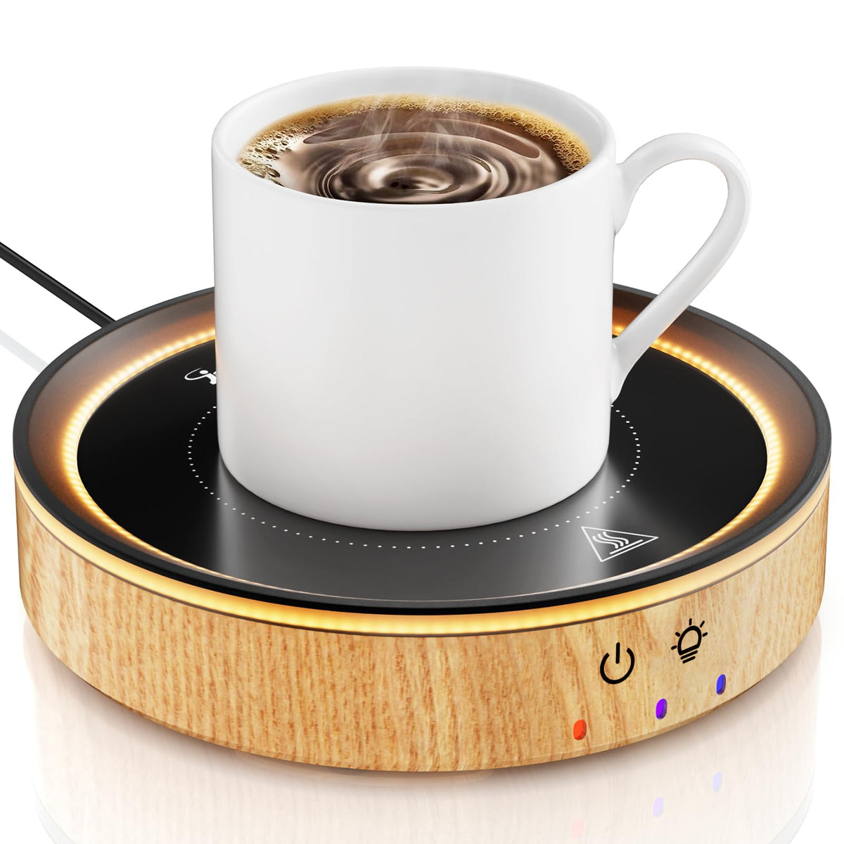 Trivoxia mug warmer with wood grain design keeps beverages at a cozy temperature.