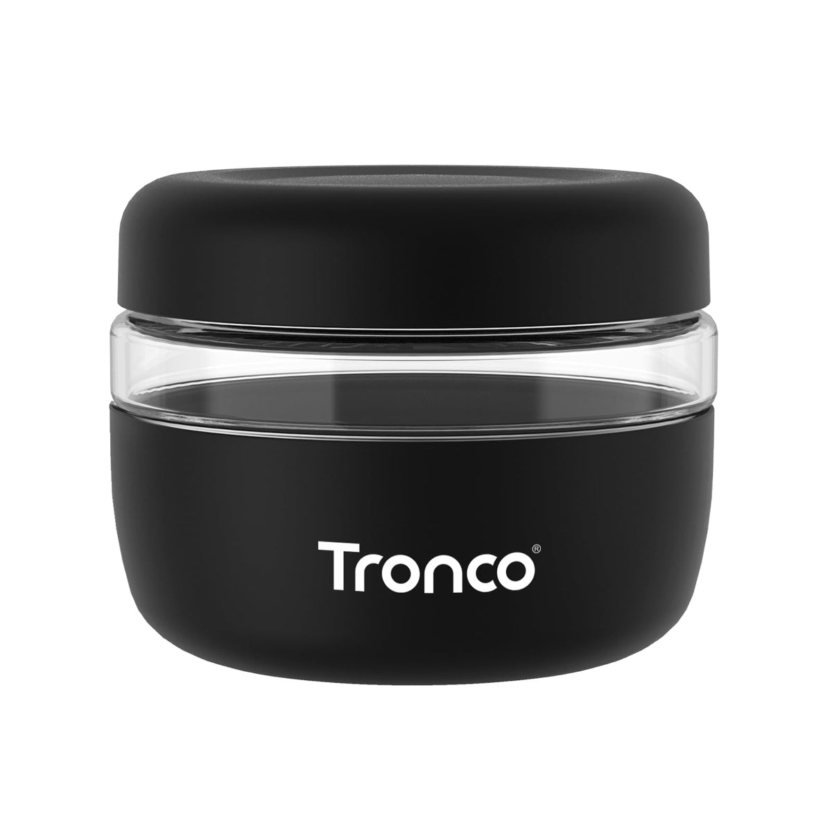 Tronco 16 oz glass container with lid, airtight to lock in freshness.
