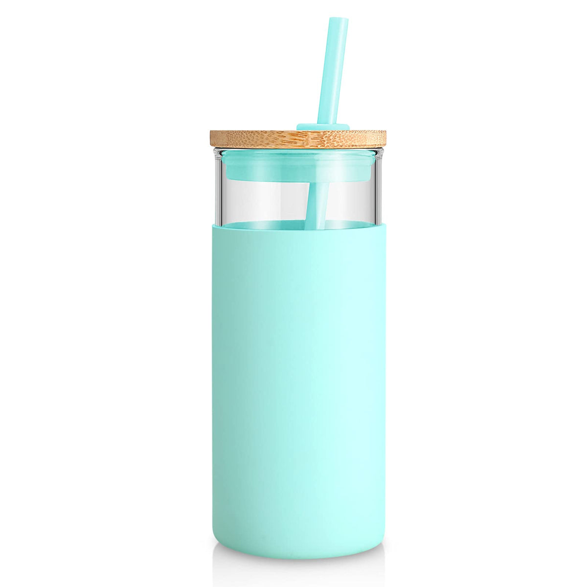 Tronco 20oz glass tumbler with lid and straw for on-the-go iced coffee.