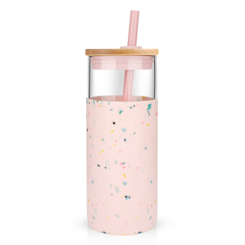 Tronco 20 oz glass tumbler with lid and straw, ideal for iced coffee on the go.