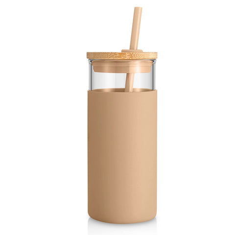 Tronco 20oz glass tumbler with lid and straw for hot and cold drinks.