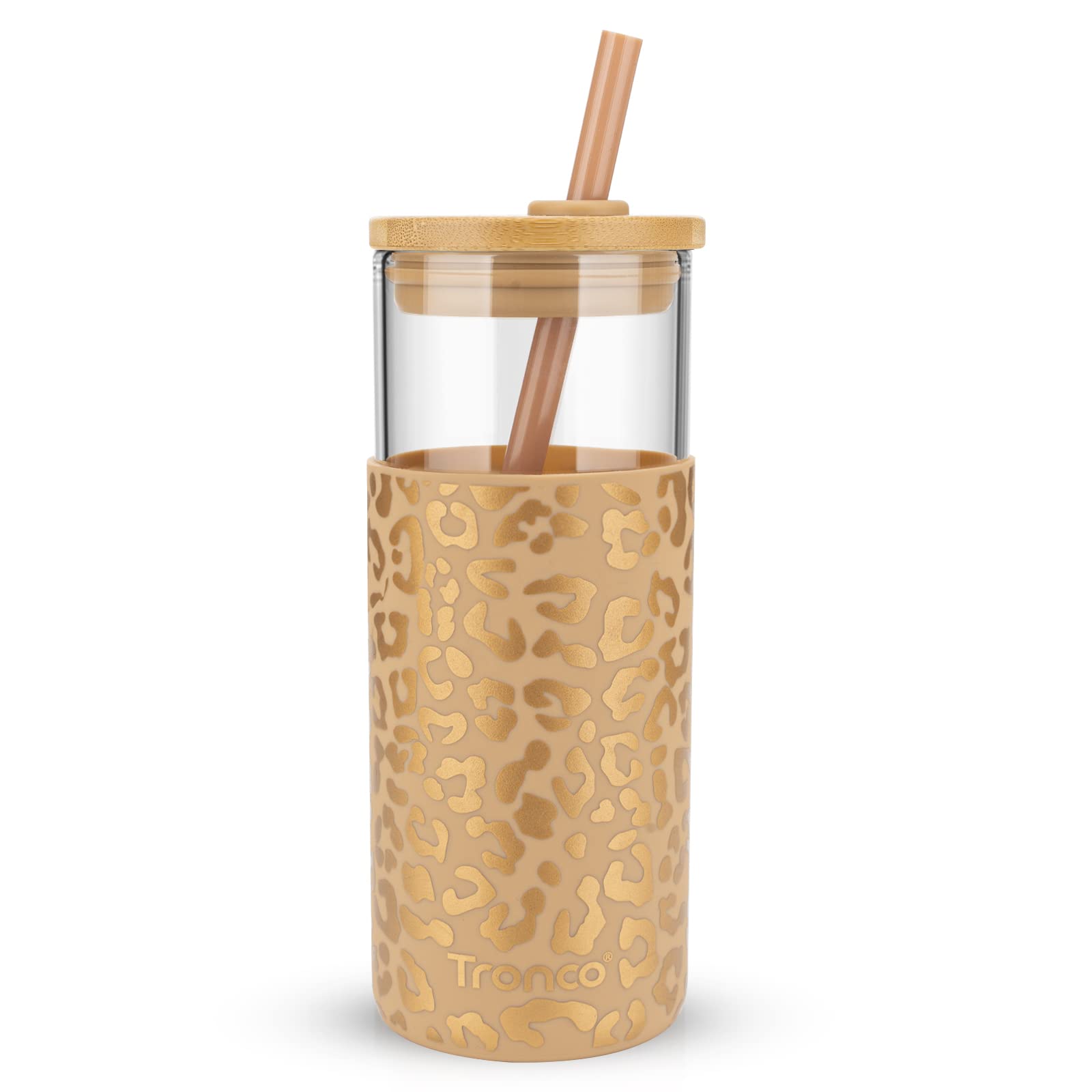 Tronco 20oz glass tumbler with lid and straw for hot and cold beverages.