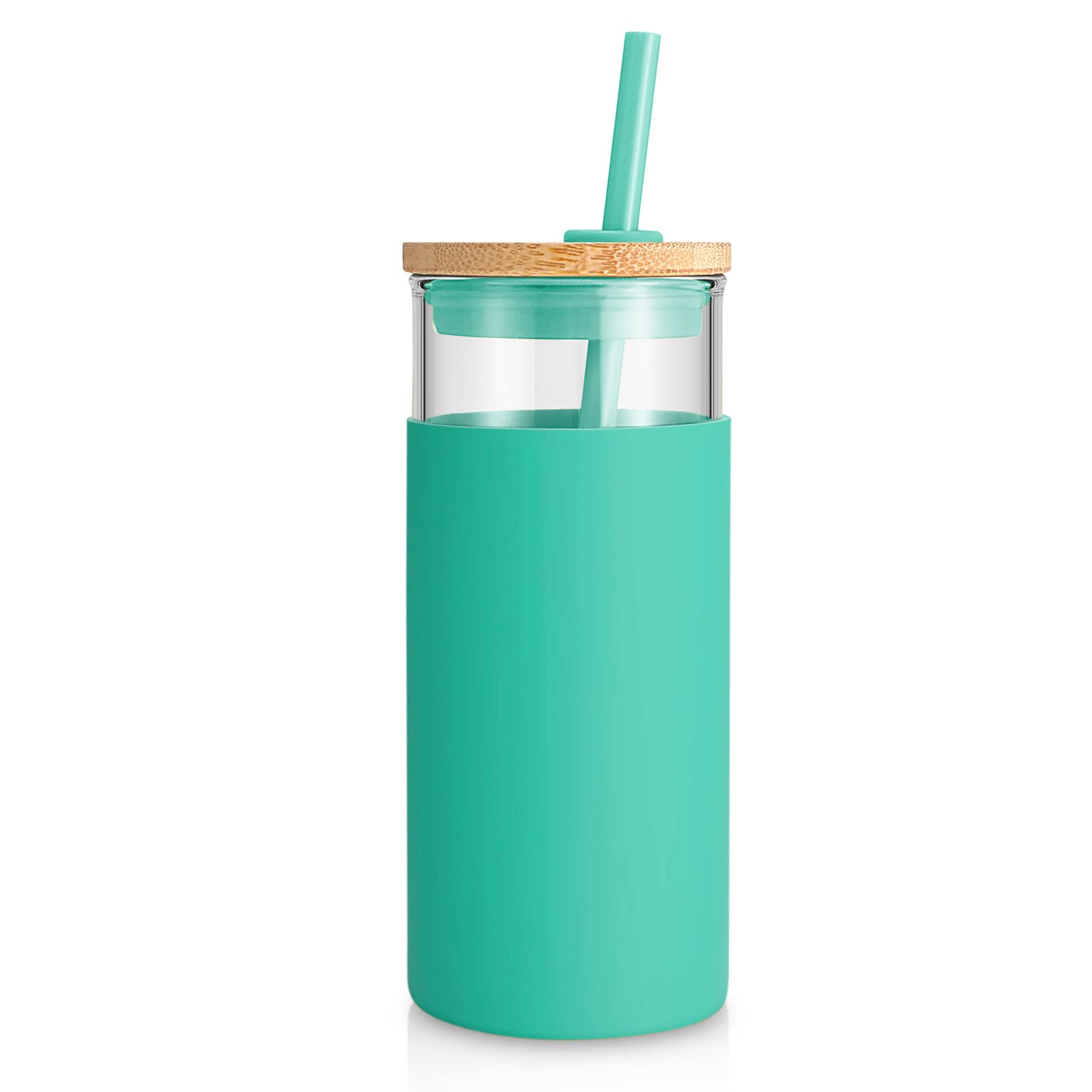 Tronco 20oz glass tumbler with lid and straw for hot or cold drinks.