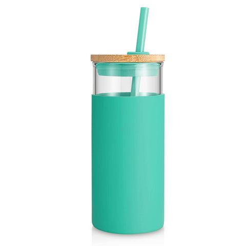 Tronco 20oz glass tumbler with lid and straw for hot or cold drinks.