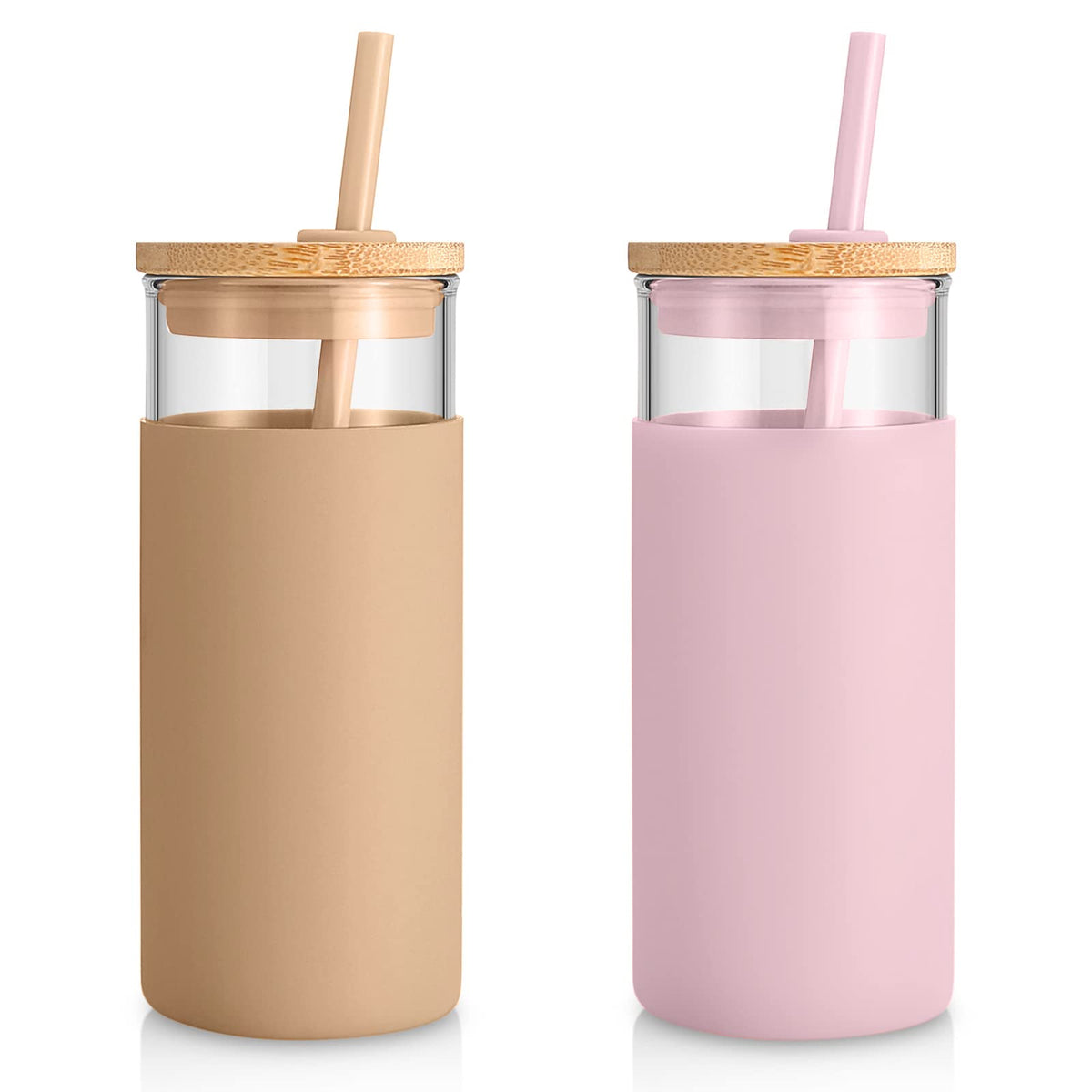Tronco 20oz glass tumbler with lid and straw for hot or cold beverages.