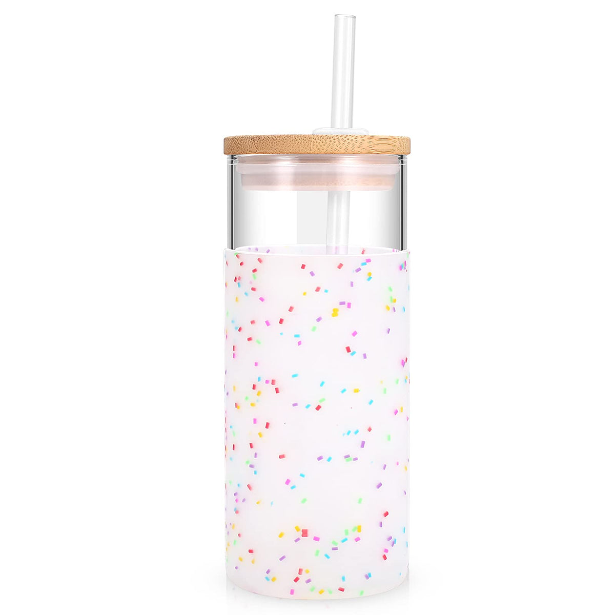 Tronco 20oz glass tumbler with lid and straw for iced or hot drinks.