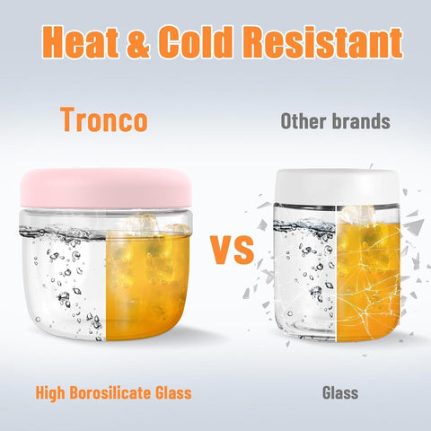 Tronco compact glass container fits backpacks for salads and snacks.