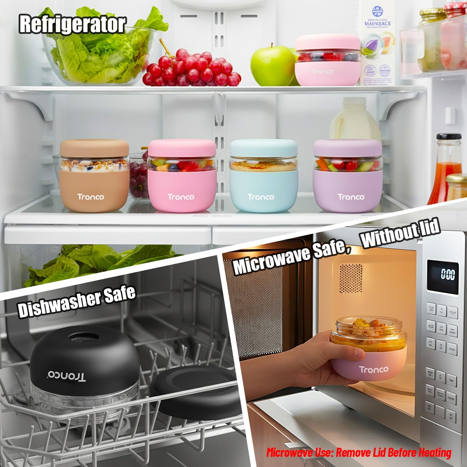 Tronco microwave-safe glass bowl ready for reheating soups.