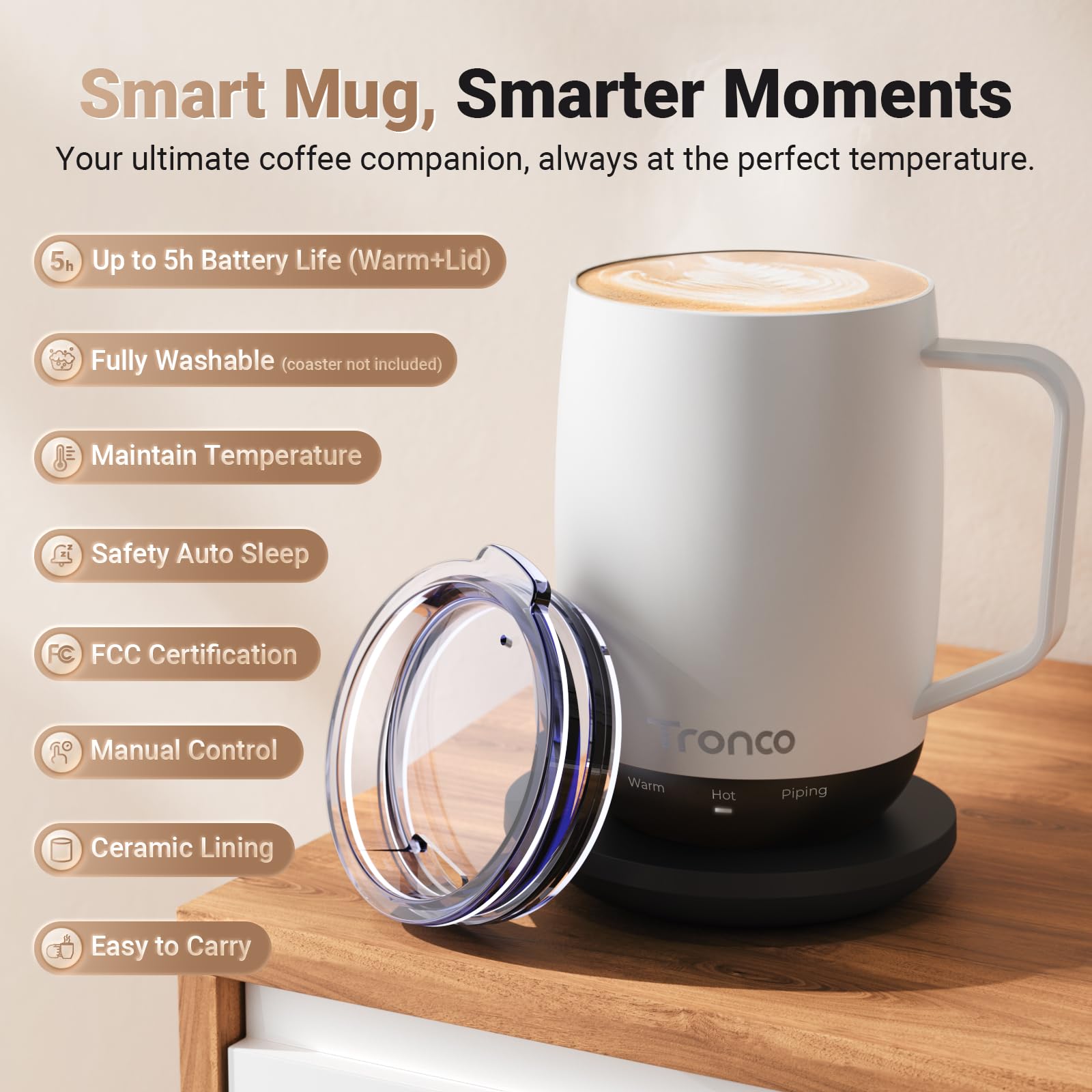 Tronco mug offers off-base battery life for portable warmth on-the-go.